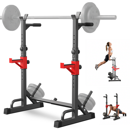 YYJO Adjustable Squat Rack | 650 LBS Heavy Duty, 8 Height & 10 Width Levels, 6-Position Safety Bumper, Home Gym Weight Lifting Stand, Strength Training