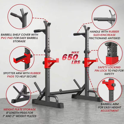 YYJO Adjustable Squat Rack | 650 LBS Heavy Duty, 8 Height & 10 Width Levels, 6-Position Safety Bumper, Home Gym Weight Lifting Stand, Strength Training