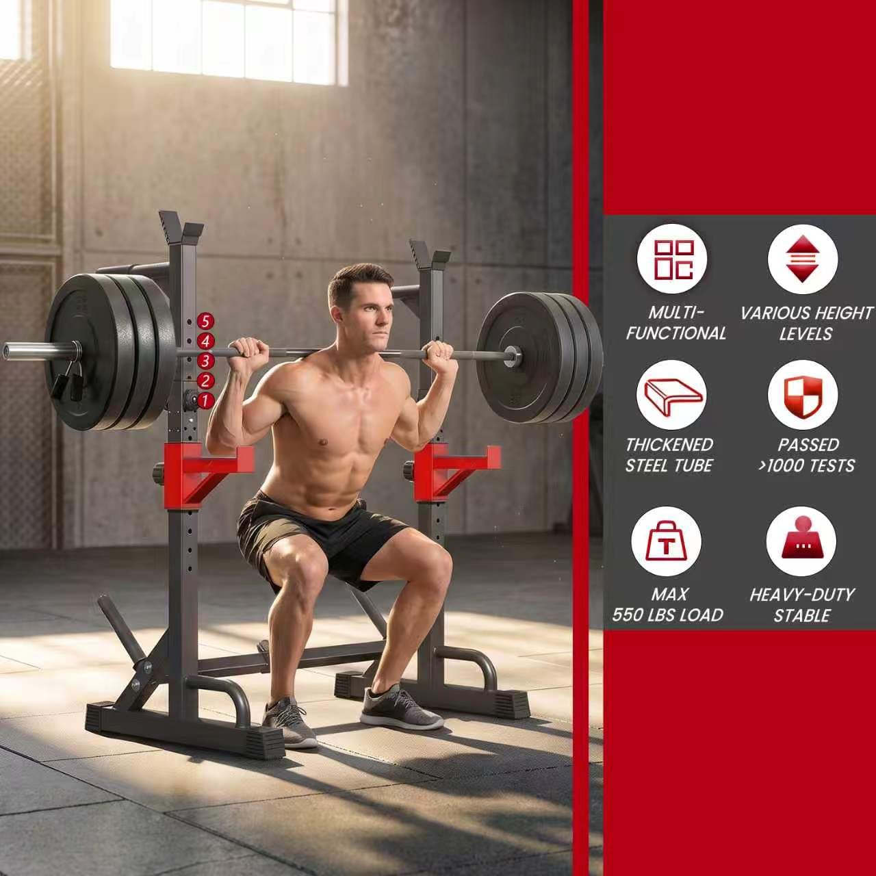 YYJO Adjustable Squat Rack | 650 LBS Heavy Duty, 8 Height & 10 Width Levels, 6-Position Safety Bumper, Home Gym Weight Lifting Stand, Strength Training