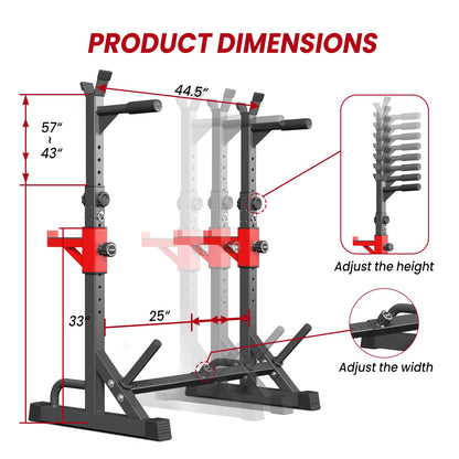 YYJO Adjustable Squat Rack | 650 LBS Heavy Duty, 8 Height & 10 Width Levels, 6-Position Safety Bumper, Home Gym Weight Lifting Stand, Strength Training