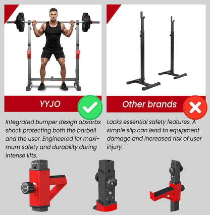 YYJO Adjustable Squat Rack | 650 LBS Heavy Duty, 8 Height & 10 Width Levels, 6-Position Safety Bumper, Home Gym Weight Lifting Stand, Strength Training